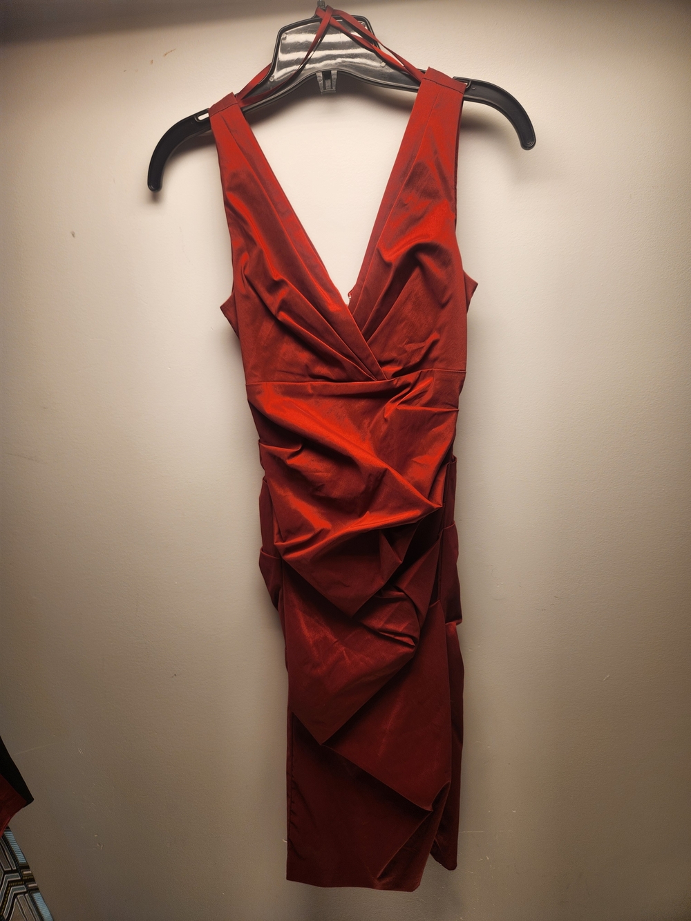 Le Chateau Red Ruched V-Neck Midi Dress